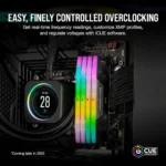 Pc interior showing rgb memory sticks and a circular cpu cooler; text promotes easy, finely controlled overclocking with icue software.