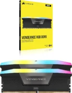 Two corsair vengeance rgb ddr5 memory modules with rainbow rgb lighting, shown in front of a bright yellow corsair box.
