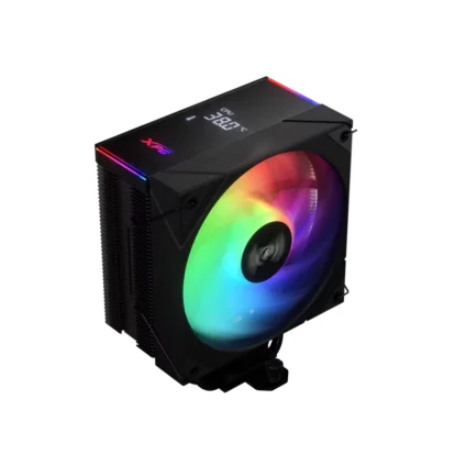 Black cpu air cooler with a large 120mm rgb fan, showcasing rainbow lighting and integrated rgb strip on top edge.