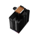 Black cpu air cooler with multiple copper heat pipes arcing over a dense fin stack, viewed from above.