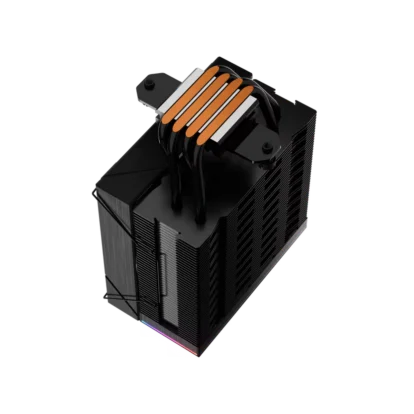 Black cpu air cooler with multiple copper heat pipes arcing over a dense fin stack, viewed from above.
