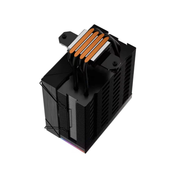 Black cpu air cooler with multiple copper heat pipes arcing over a dense fin stack, viewed from above.
