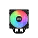 Rgb computer case fan with a black frame and rainbow-colored illumination.