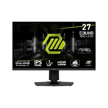27-inch msi gaming monitor (mag/mag27) showing neon logo; 4k uhd 3840x2160, 144 hz, ips panel, hdr ready, dual mode.