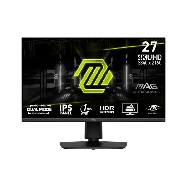 27-inch msi gaming monitor (mag/mag27) showing neon logo; 4k uhd 3840x2160, 144 hz, ips panel, hdr ready, dual mode.