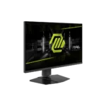 Gaming monitor on a stand displaying a neon green msi arsenal gaming mag logo against a dark background