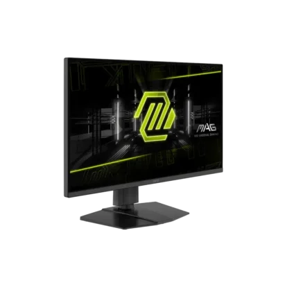 Gaming monitor on a stand displaying a neon green msi arsenal gaming mag logo against a dark background