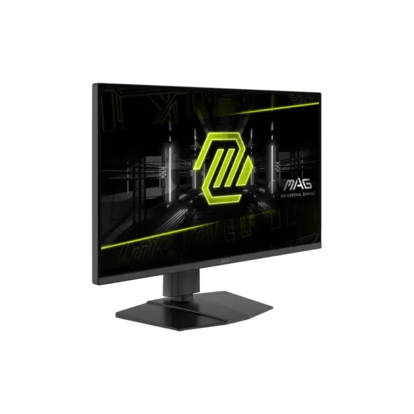 Gaming monitor on a stand displaying a neon green msi arsenal gaming mag logo against a dark background