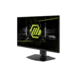 Msi arsenal gaming monitor on a stand, displaying a neon green logo and dark futuristic background.