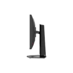 Side view of a black computer monitor on a slim stand, shown from the left, with a curved back and mounted arm connecting to a sturdy base.