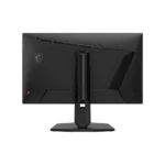 Back view of a black msi gaming monitor on a stand, showing the logo badge and red power indicator light