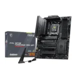 Msi mag x670e tomahawk max wifi motherboard shown with its box and a small wi‑fi antenna.