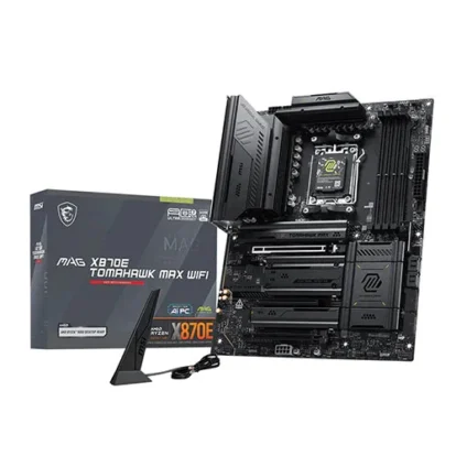 Msi mag x670e tomahawk max wifi motherboard shown with its box and a small wi‑fi antenna.