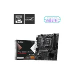 Msi pro b850m-e evo motherboard with its box, featuring 64mb bios, lightning gen5, and ready for aipc logos