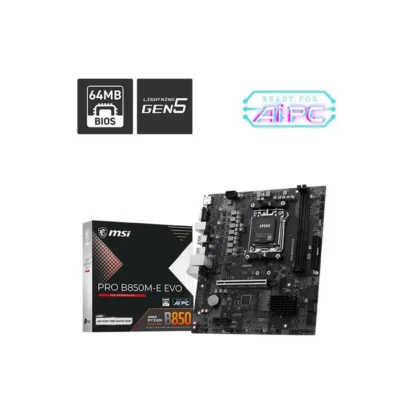 Msi pro b850m-e evo motherboard with its box, featuring 64mb bios, lightning gen5, and ready for aipc logos