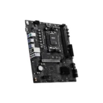 Angle-view msi motherboard showing cpu socket, ram slot, pcie slot and rear i/o ports at an oblique angle.