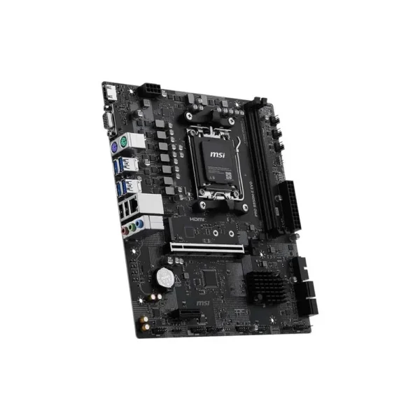 Msi pro b850m-e evo am5 micro atx motherboard Angle-view msi motherboard showing cpu socket, ram slot, pcie slot and rear i/o ports at an oblique angle.