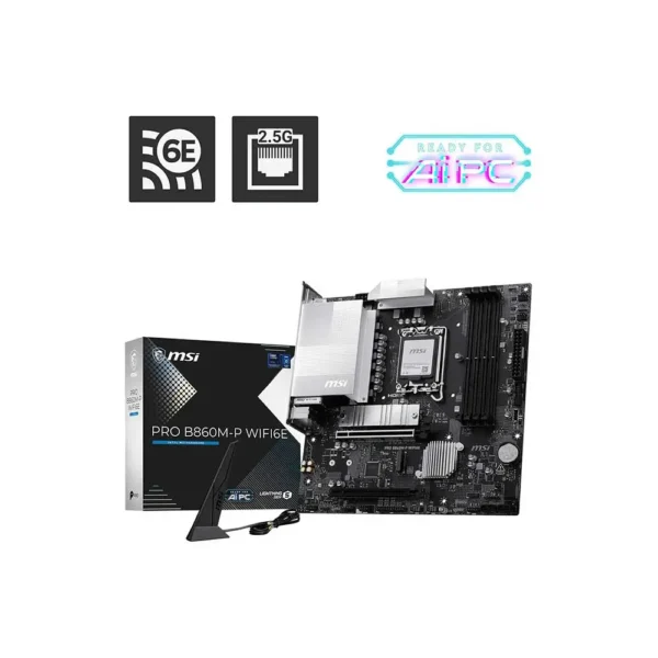 Msi pro b860m-p wifi6e lga1851 micro atx motherboard Msi pro b860m-p wifi 6e motherboard with antennas and box shown below; 6e and 2. 5g network logos above; ai pc-ready badge above.