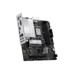 Msi motherboard with pcie slots, ram heatsinks, and rear i/o panel visible on a tilted angle