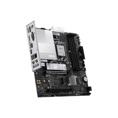 Msi motherboard with pcie slots, ram heatsinks, and rear i/o panel visible on a tilted angle