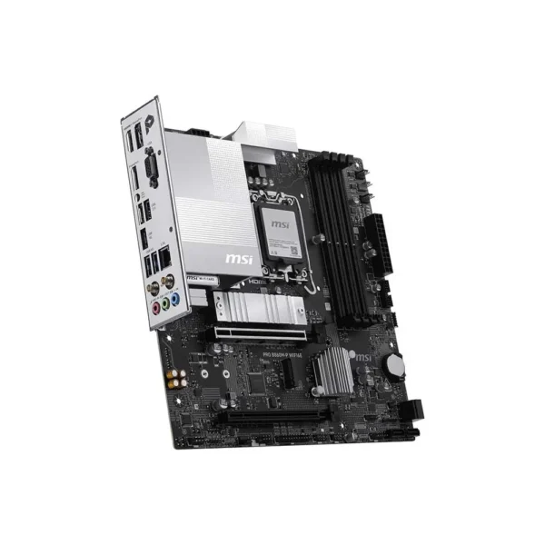 Msi pro b860m-p wifi6e lga1851 micro atx motherboard Msi motherboard with pcie slots, ram heatsinks, and rear i/o panel visible on a tilted angle