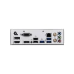 Back panel i/o of a desktop motherboard showing hdmi, displayport, vga, usb ports, ethernet, and colorful audio jacks (mic/headphone).