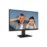 Black computer monitor on a stand showing a photo of a smiling woman and child making eye shapes with their hands.