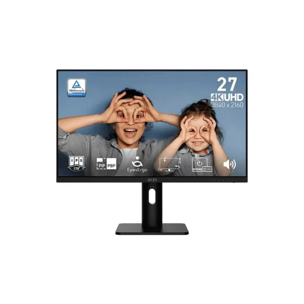 27-inch 4k uhd monitor on a stand displaying two children making goggles with their hands on the screen