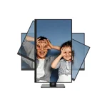 Central computer monitor displaying two kids making glasses with their hands, surrounded by angled side screens forming a multi-panel display