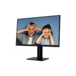 Flat-screen computer monitor on a stand displaying two smiling children making circle shapes with their hands over their eyes