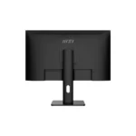 Back view of a black msi computer monitor on a rectangular stand with a vertical support.