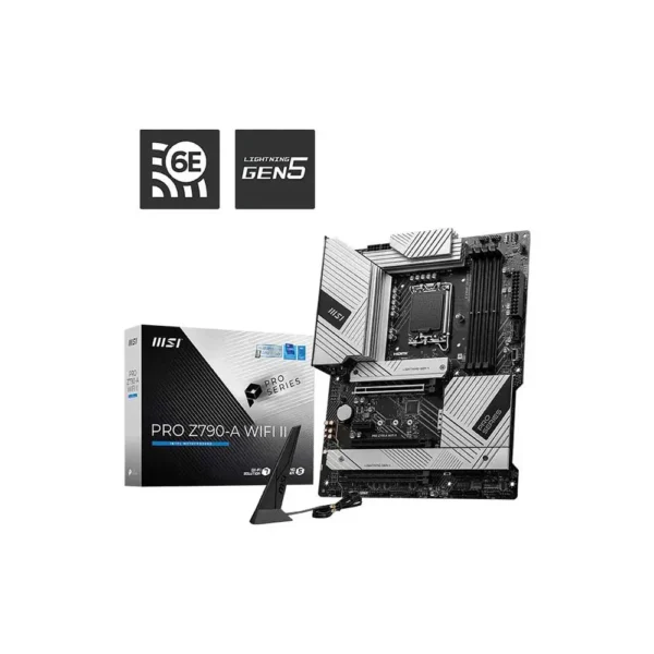 Msi pro series z790-a wifi ii motherboard with bundled antenna and packaging, shown for a product page.