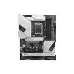 Atx motherboard with large silver heatsinks, cpu socket, and ram slots visible