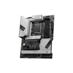 Atx motherboard with large heatsinks and pcie slot exposed, black and silver design (msi pro series)