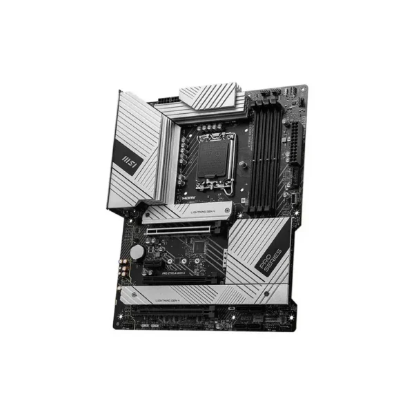 Atx motherboard with large heatsinks and pcie slot exposed, black and silver design (msi pro series)