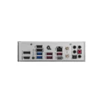 Back panel of a computer motherboard showing hdmi, displayport, multiple usb ports (including usb-c), ethernet jack, and audio jacks