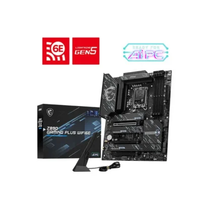 Msi z390 gaming plus wifi motherboard with boxed accessory and external antenna, plus 6e and lightning gen5 logos.