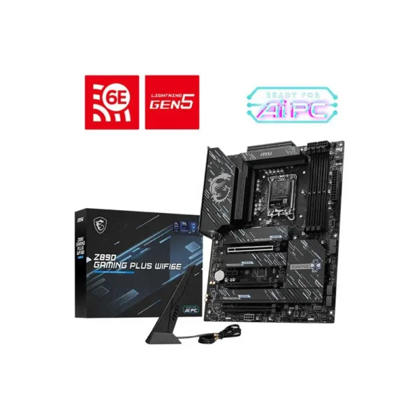 Msi z890 gaming plus wif6e lga1851 atx motherboard Msi z390 gaming plus wifi motherboard with boxed accessory and external antenna, plus 6e and lightning gen5 logos.
