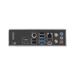 Rear i/o panel of a gaming pc with hdmi, displayport, multiple usb ports, ethernet, and color-coded audio jacks (mic, line, surround).