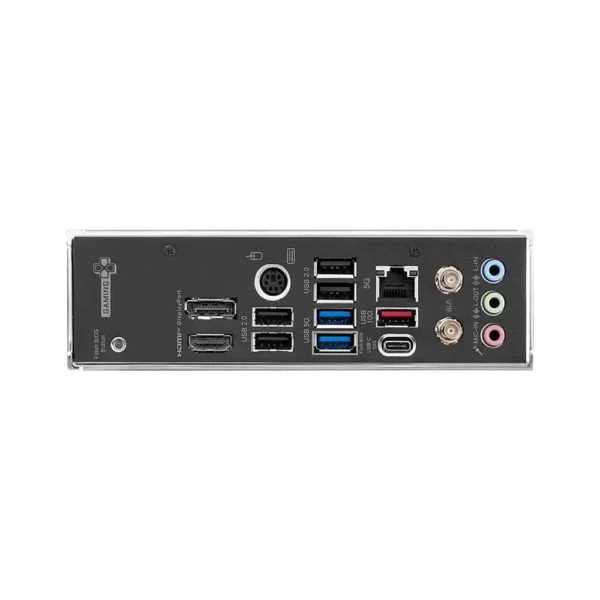 Msi z890 gaming plus wif6e lga1851 atx motherboard Rear i/o panel of a gaming pc with hdmi, displayport, multiple usb ports, ethernet, and color-coded audio jacks (mic, line, surround).
