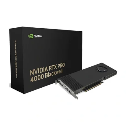 Nvidia rtx pro 4000 blackwell graphics card next to its black packaging box, showing a pcie connector and dual-slot design