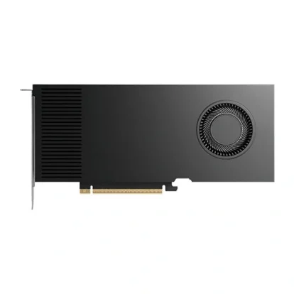Black pcie graphics card with a round cooling fan on the right and a pcie edge connector at the bottom.