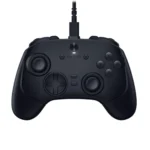 Black wired gamepad controller with d-pad, two analog sticks, and a/b/x/y buttons; center shows 'razer' branding; cable plugs in from the top, designed for pc/console gaming