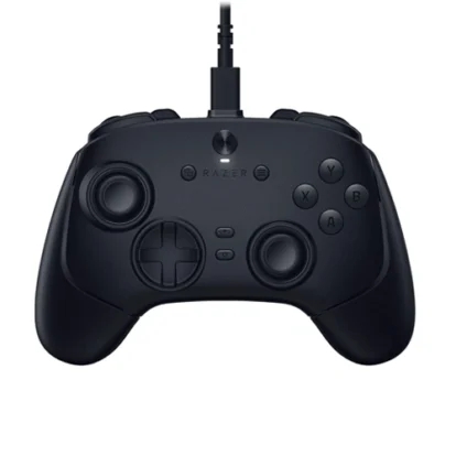 Black wired gamepad controller with D-pad, two analog sticks, and A/B/X/Y buttons; center shows 'RAZER' branding; cable plugs in from the top, designed for PC/console gaming