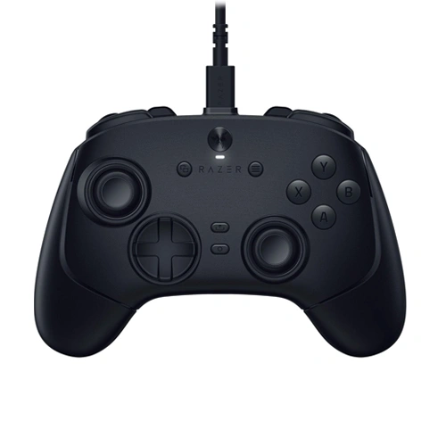 Razer wolverine v3 tournament edition 8k pc game controller- black Black wired gamepad controller with d-pad, two analog sticks, and a/b/x/y buttons; center shows 'razer' branding; cable plugs in from the top, designed for pc/console gaming