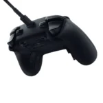 Wired black game controller with textured grips and a cable plugged into the top center (gamepad)