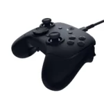 Wired black gamepad with two analog sticks, a d‑pad, and labeled action buttons, connected via usb cable.