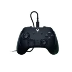 Black xbox game controller with a wired cable attached, shown from the front
