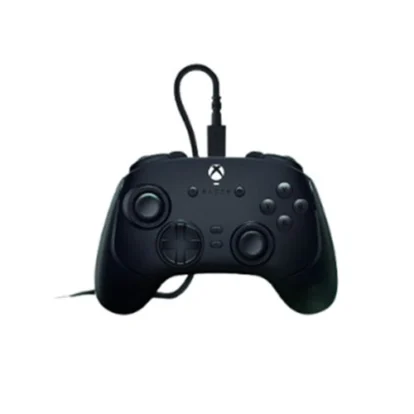 Black xbox game controller with a wired cable attached, shown from the front