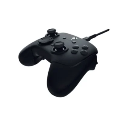 Black wired game controller with two analog sticks and multiple action buttons